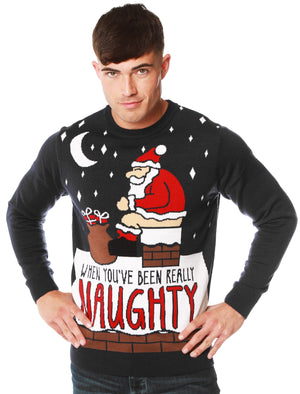 Men's Really Naughty 2 Santa Chimney Motif Novelty Christmas Jumper in Jet Black - Merry Christmas