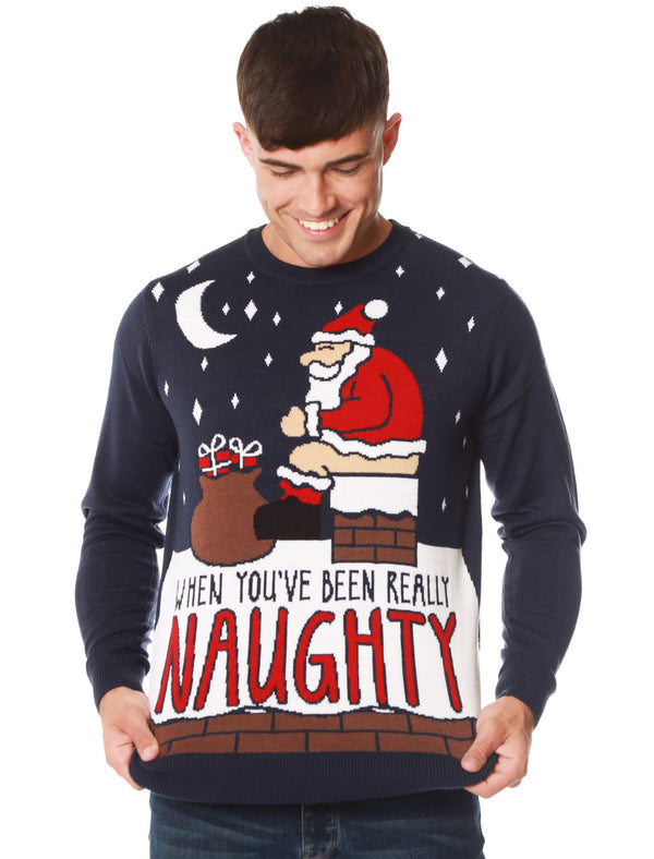 Men's Really Naughty 2 Santa Chimney Motif Novelty Christmas Jumper in Eclipse Blue - Merry Christmas