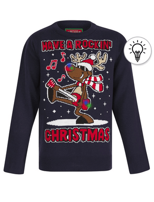 Boy's Rockin Rudolph LED Light Up Novelty Knitted Christmas Jumper in Ink - Merry Christmas Kids (4-12yrs)