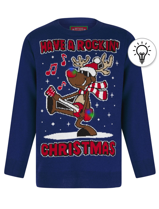 Boy's Rockin Rudolph LED Light Up Novelty Knitted Christmas Jumper in Sapphire - Merry Christmas Kids (4-12yrs)