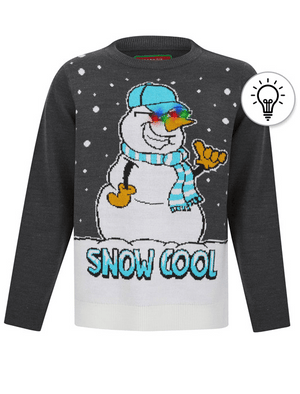 Boy's Snow Cool LED Light Up Novelty Knitted Christmas Jumper in Dark Grey Marl - Merry Christmas Kids (4-12yrs)