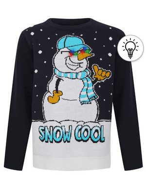 Boy's Snow Cool LED Light Up Novelty Knitted Christmas Jumper in Ink - Merry Christmas Kids (4-12yrs)