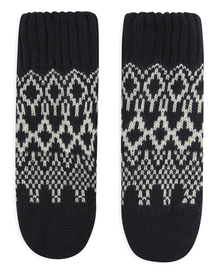 Kids Argyle Jacquard Fair Isle Design Borg Lined Chunky Knit Slipper Socks in Navy - Merry Christmas