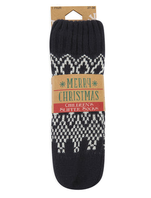 Kids Argyle Jacquard Fair Isle Design Borg Lined Chunky Knit Slipper Socks in Navy - Merry Christmas