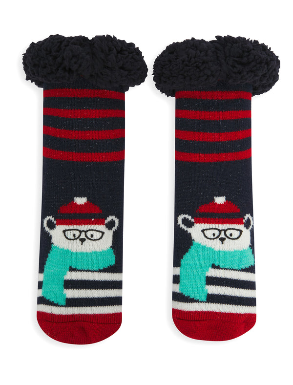 Kids Polarbear Design Borg Lined Chunky Knit Slipper Socks in Navy - Merry Christmas