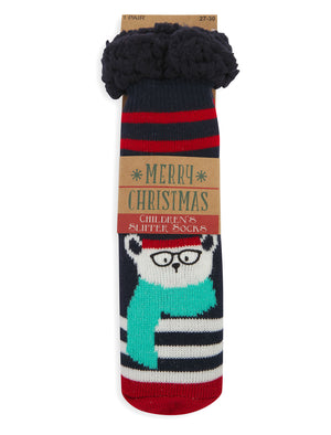 Kids Polarbear Design Borg Lined Chunky Knit Slipper Socks in Navy - Merry Christmas