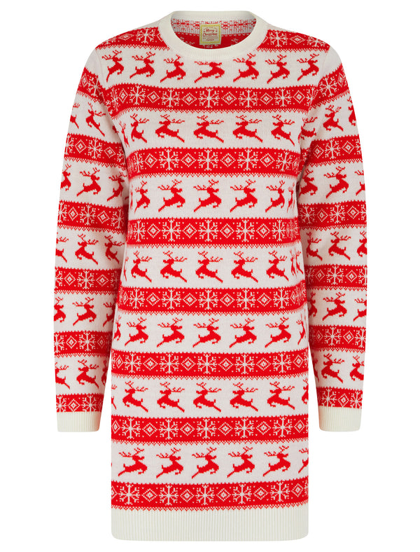 Women's Vixen Novelty Knitted Christmas Jumper Dress in Gardenia - Merry Christmas