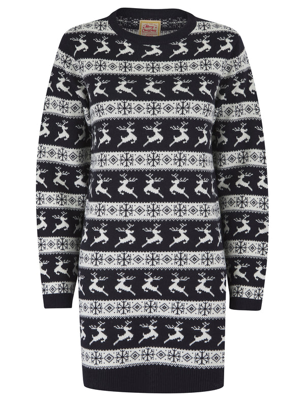 Women's Vixen Novelty Knitted Christmas Jumper Dress in Ink - Merry Christmas