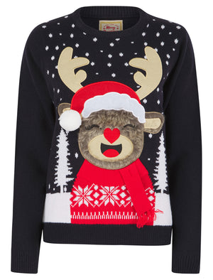 Women’s Rudolph Laughing Motif Novelty Christmas Jumper in Ink - Merry Christmas