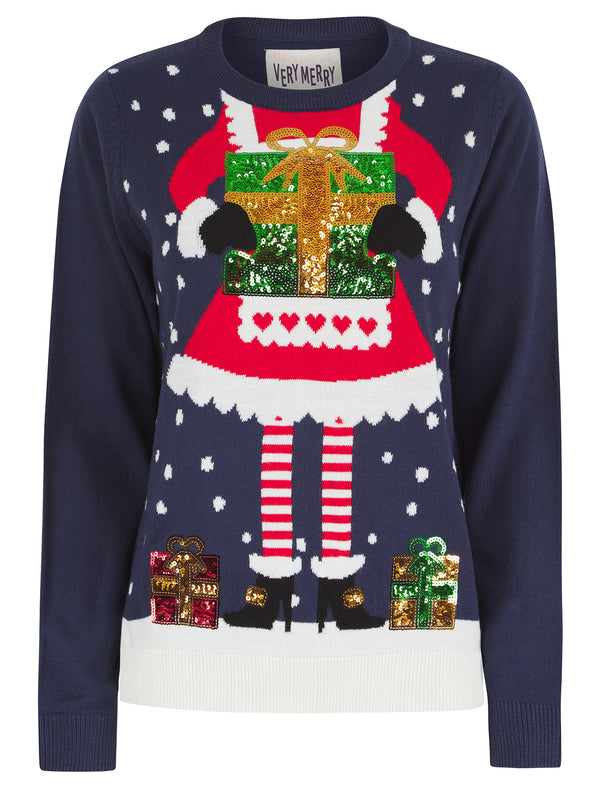 Women’s Mrs Kringle Motif Novelty Sequinned Christmas Jumper in Eclipse Navy - Merry Christmas