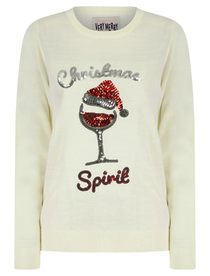 Women's Santa Wine Sequin Novelty Knitted Christmas Jumper in Gardenia - Merry Christmas