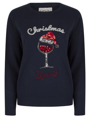 Women's Santa Wine Sequin Novelty Knitted Christmas Jumper in Ink - Merry Christmas