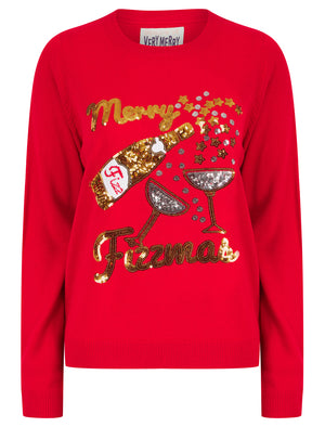 Women's Fizzymas Sequin Novelty Knitted Christmas Jumper in Tokyo Red - Merry Christmas