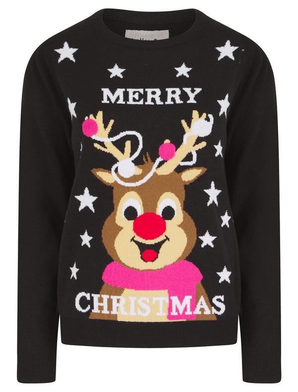 Women's Merry Stars Motif Novelty Christmas Jumper in Jet Black - Merry Christmas