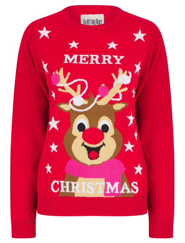 Women's Merry Stars Motif Novelty Christmas Jumper in Tokyo Red - Merry Christmas