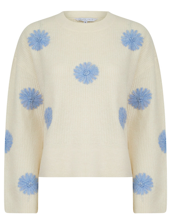 Gooseberry Women's Drop Shoulder Embroidered Crew Neck Rib Knit Jumper in Ecru - Amara Reya