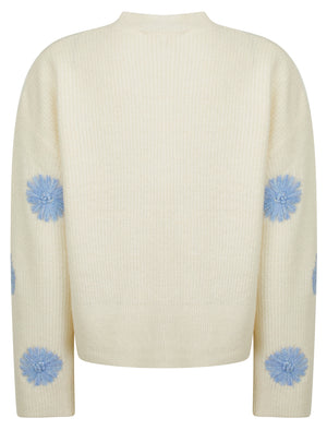 Gooseberry Women's Drop Shoulder Embroidered Crew Neck Rib Knit Jumper in Ecru - Amara Reya