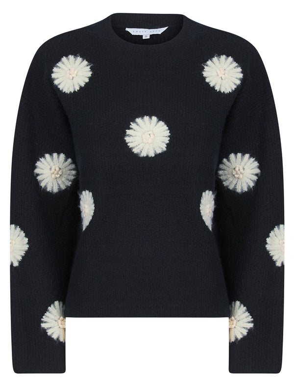 Gooseberry Women's Drop Shoulder Embroidered Crew Neck Rib Knit Jumper in Sky Captain Navy - Amara Reya