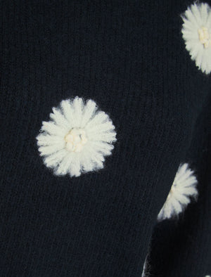 Gooseberry Women's Drop Shoulder Embroidered Crew Neck Rib Knit Jumper in Sky Captain Navy - Amara Reya