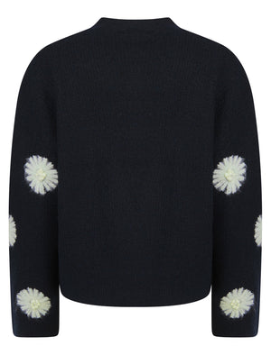 Gooseberry Women's Drop Shoulder Embroidered Crew Neck Rib Knit Jumper in Sky Captain Navy - Amara Reya