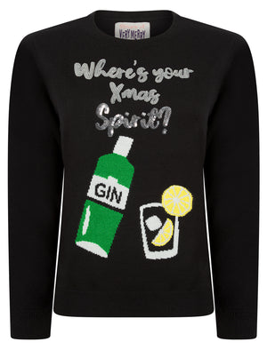 Women's Xmas Spirit Sequinned Novelty Knitted Christmas Jumper in Jet Black – Merry Christmas