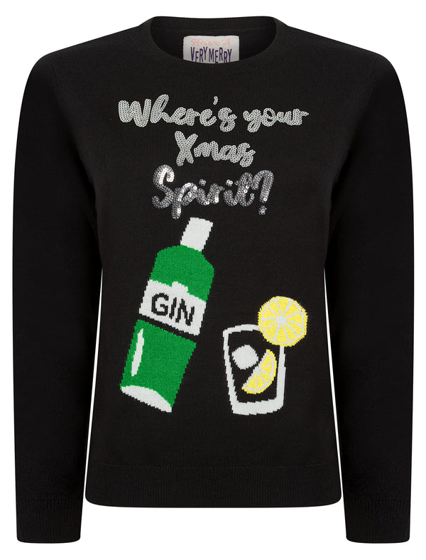 Women's Xmas Spirit Sequinned Novelty Knitted Christmas Jumper in Jet Black – Merry Christmas