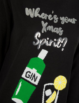 Women's Xmas Spirit Sequinned Novelty Knitted Christmas Jumper in Jet Black – Merry Christmas