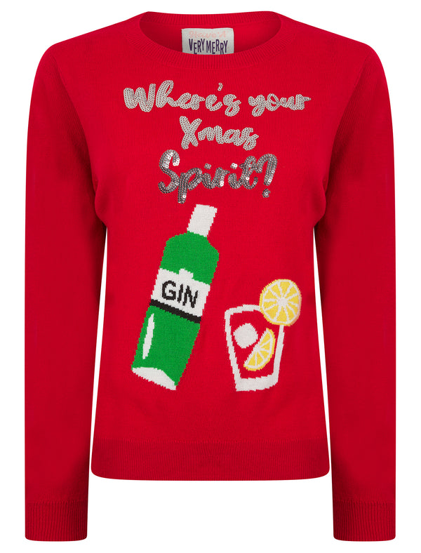 Women's Xmas Spirit Sequinned Novelty Knitted Christmas Jumper in Tokyo Red – Merry Christmas