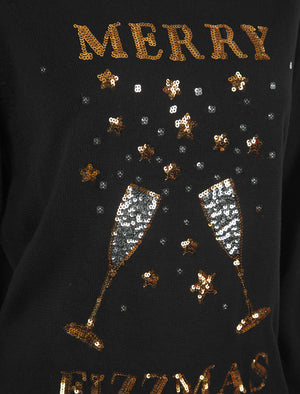 Women's Merry Fizzmas Sequin Novelty Knitted Christmas Jumper in Jet Black - Merry Christmas