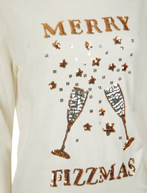 Women's Merry Fizzmas Sequin Novelty Knitted Christmas Jumper in Gardenia - Merry Christmas