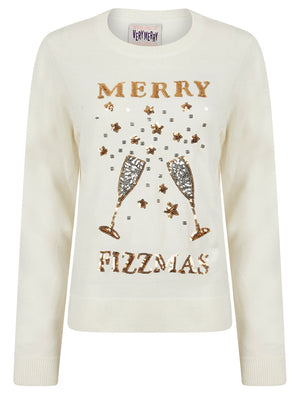 Women's Merry Fizzmas Sequin Novelty Knitted Christmas Jumper in Gardenia - Merry Christmas