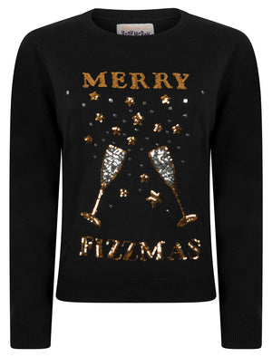 Women's Merry Fizzmas Sequin Novelty Knitted Christmas Jumper in Jet Black - Merry Christmas