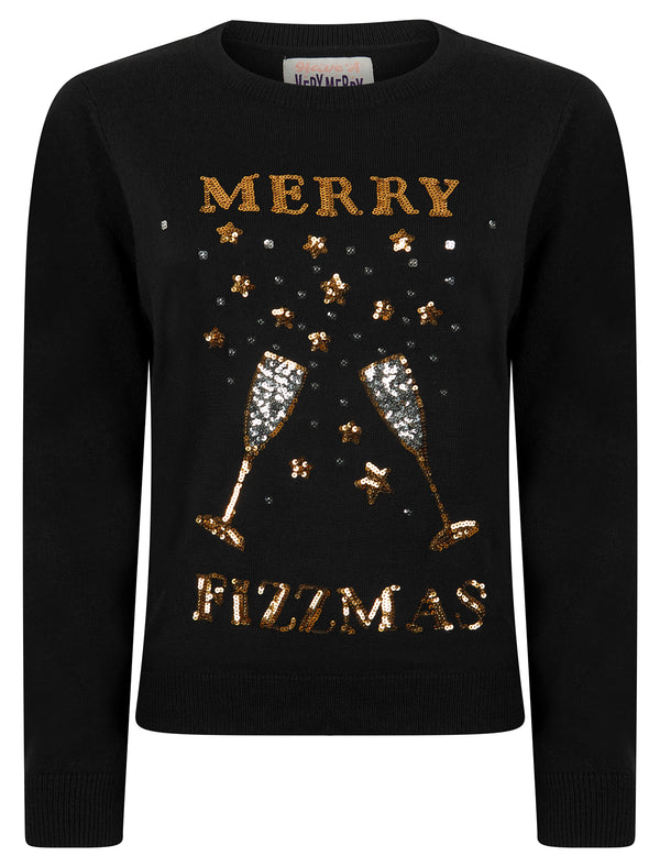 Women's Merry Fizzmas Sequin Novelty Knitted Christmas Jumper in Jet Black - Merry Christmas