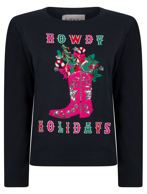 Women’s Howdy Sequin Motif Novelty Knitted Christmas Jumper in Ink – Merry Christmas