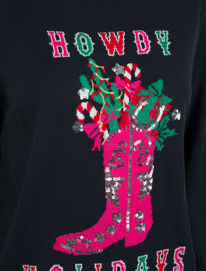 Women’s Howdy Sequin Motif Novelty Knitted Christmas Jumper in Ink – Merry Christmas