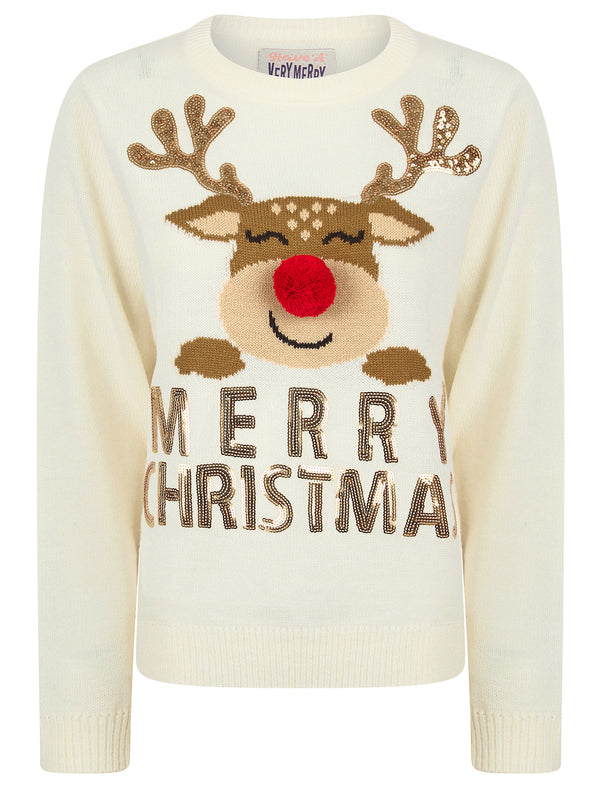 Women’s Happy Rudolph Motif Novelty Sequinned 3d Pom Pom Christmas Jumper in Gardenia - Merry Christmas