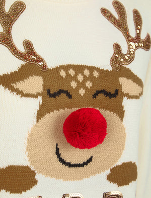 Women’s Happy Rudolph Motif Novelty Sequinned 3d Pom Pom Christmas Jumper in Gardenia - Merry Christmas