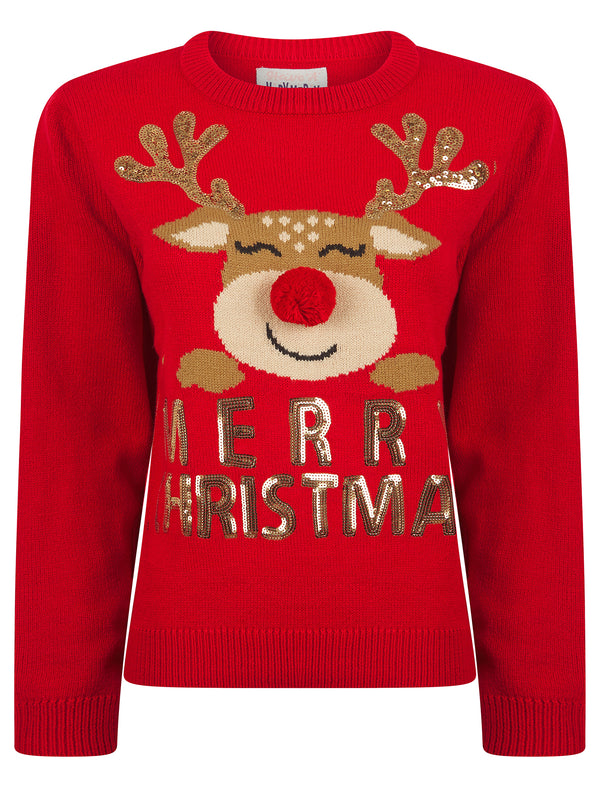 Women’s Happy Rudolph Motif Novelty Sequinned 3d Pom Pom Christmas Jumper in Tokyo Red - Merry Christmas