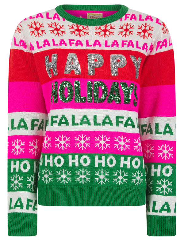 Women’s Happy Sequin Motif Novelty Knitted Christmas Jumper in Christmas Green - Merry Christmas