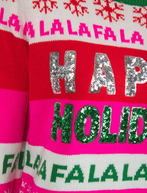 Women’s Happy Sequin Motif Novelty Knitted Christmas Jumper in Christmas Green - Merry Christmas