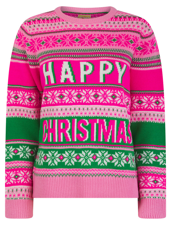 Women's Joyful Jacquard Nordic Fair Isle Style Novelty Christmas Jumper in Prism Pink - Merry Christmas