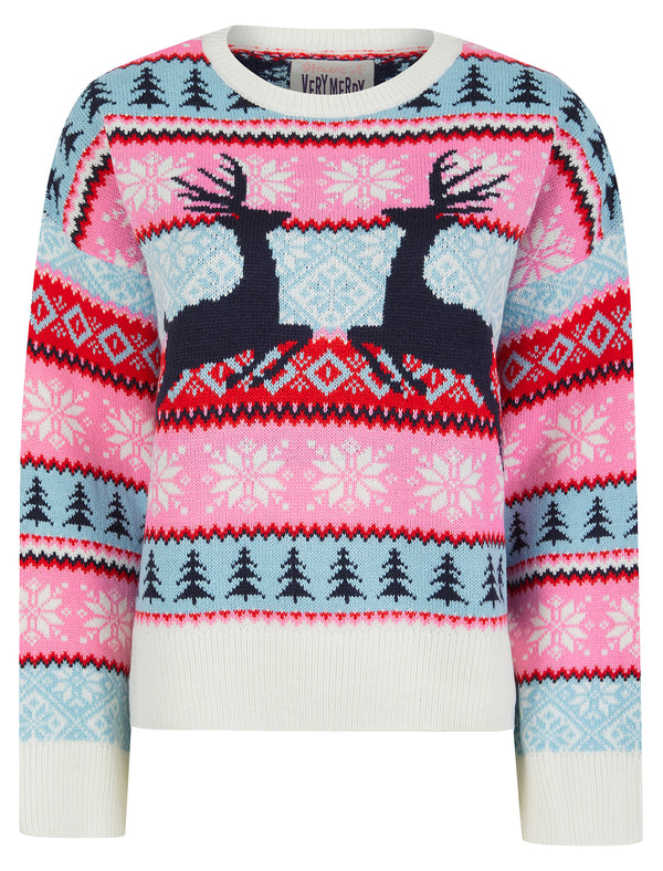 Women's Patch Jacquard Nordic Fair Isle Style Drop Shoulder Relaxed Fit Christmas Jumper in Ecru - Merry Christmas