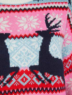Women's Patch Jacquard Nordic Fair Isle Style Drop Shoulder Relaxed Fit Christmas Jumper in Ecru - Merry Christmas