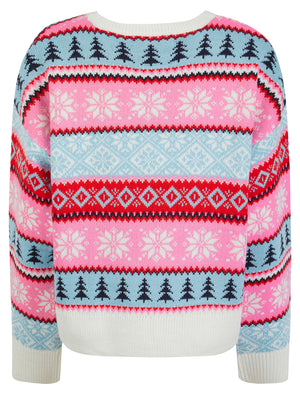 Women's Patch Jacquard Nordic Fair Isle Style Drop Shoulder Relaxed Fit Christmas Jumper in Ecru - Merry Christmas