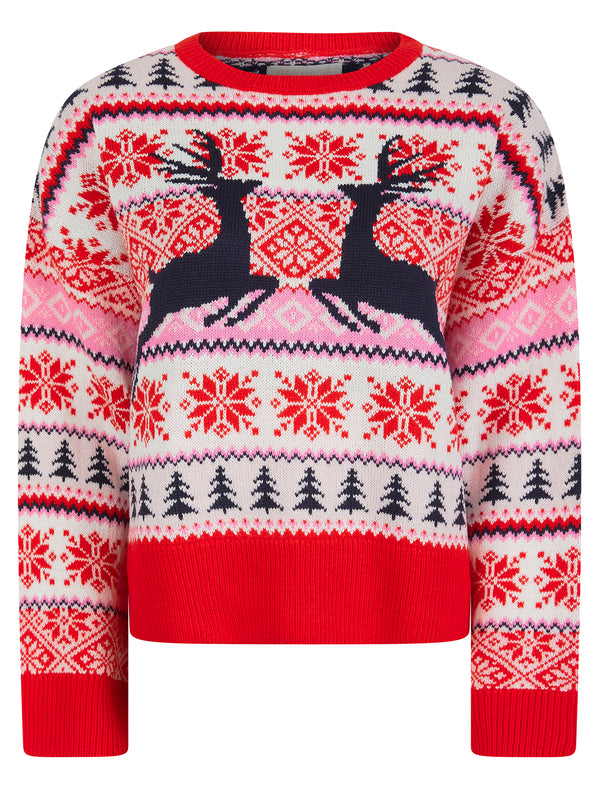 Women's Patch Jacquard Nordic Fair Isle Style Drop Shoulder Relaxed Fit Christmas Jumper in Fiery Red - Merry Christmas