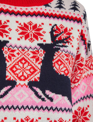 Women's Patch Jacquard Nordic Fair Isle Style Drop Shoulder Relaxed Fit Christmas Jumper in Fiery Red - Merry Christmas