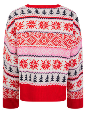Women's Patch Jacquard Nordic Fair Isle Style Drop Shoulder Relaxed Fit Christmas Jumper in Fiery Red - Merry Christmas
