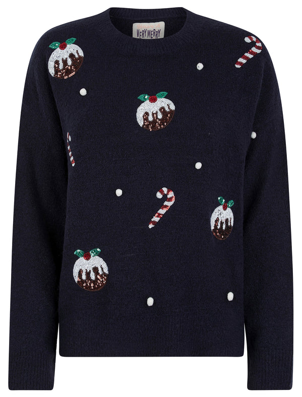 Women's Pudding Novelty Sequin Motif Novelty Drop Shoulder Relaxed Fit Christmas Jumper in Ink - Merry Christmas