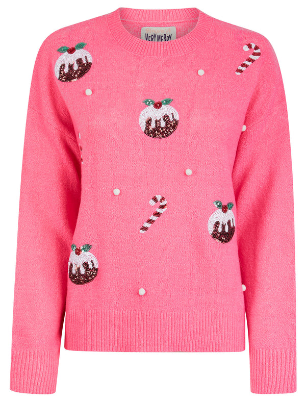 Women's Pudding Novelty Sequin Motif Novelty Drop Shoulder Relaxed Fit Christmas Jumper in Pink - Merry Christmas
