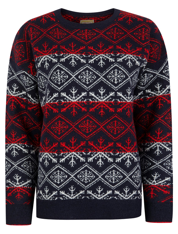Women's Crystal Jacquard Nordic Fair Isle Drop Shoulder Relaxed Fit Christmas Jumper in Ink - Merry Christmas